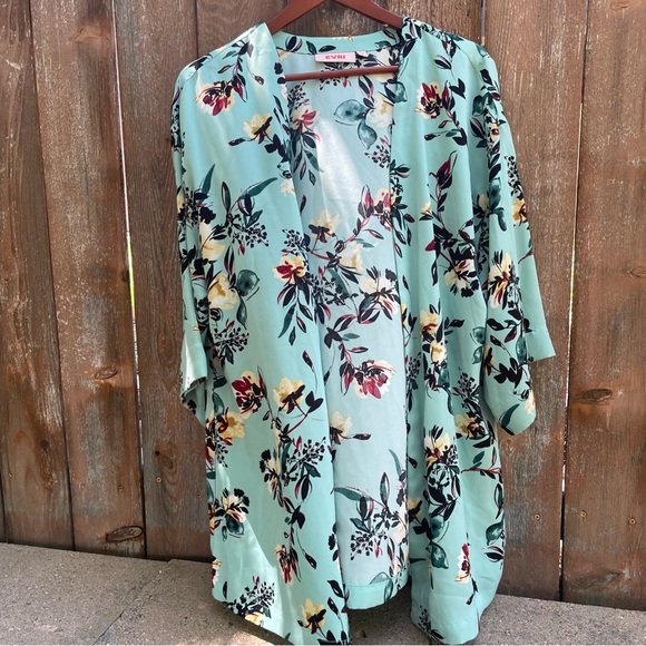 EVRI Women’s Teal Floral Open Front Kimono Cardigan Size 0X - Picture 3 of 12